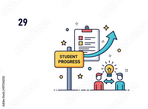 Student progress discussion sign with a simple report card, upward arrow, and two small figures exchanging ideas to convey constructive feedback and growth.