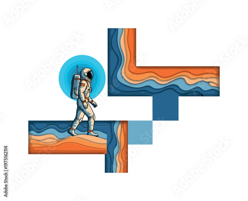 retro astronaut figure crossing layered sand dunes, blue and orange geometric blocks intersecting the composition, circular halo element behind astronaut,