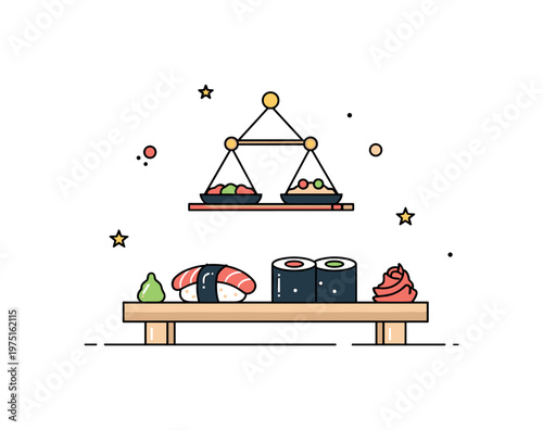 Elegant sushi moment a tiny plate with sushi arranged neatly with calm proportions and minimal accents. A clean and refined illustration capturing balance and