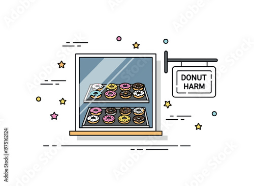 Donut shop window charm a tiny bakery display with colorful donuts arranged behind a small glass window and a simple hanging sign inviting passersby. A cozy