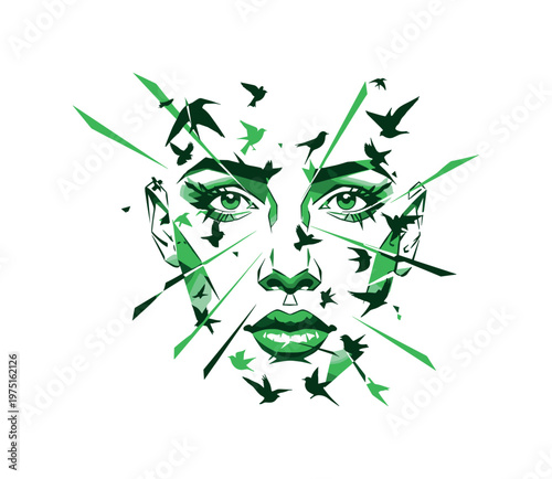fragmented facial features constructed from scattered birds, green geometric shapes and sharp lines slicing through composition, flat colors and strong