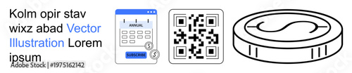 Digital payments, financial transactions, scheduling tools, fintech, e-commerce, QR codes technology. Calendar and QR code next to a coin icon. Digital payments and financial transactions concept