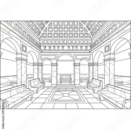 A Stylized Ancient Roman Bathhouse with Detailed Benches and Archways for Adult Art. transparent.
