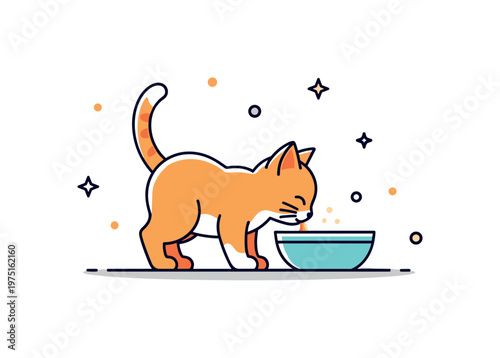 Kitten drinking moment a tiny cat bending slightly toward a bowl of milk with soft shadow grounding the scene. The composition highlights simplicity and