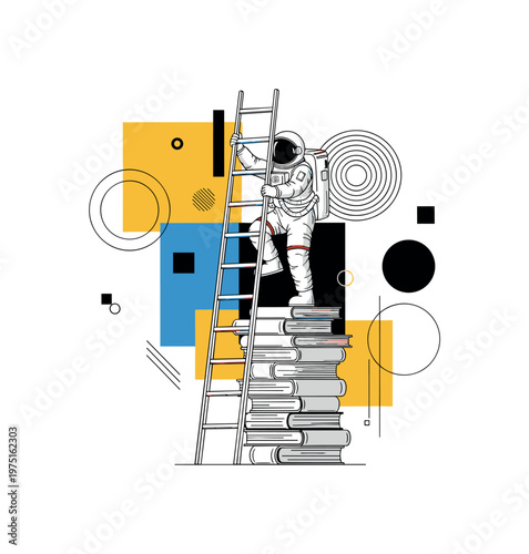 astronaut book ladder exploration with abstract geometric blocks circles and lines, black and white astronaut climbing ladder made of stacked books with white