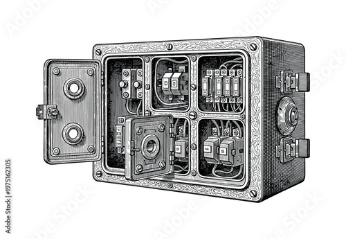 A fuse box with visible compartments and engraved detailing, black and white illustration, vintage engraving style, strong contrast, White background