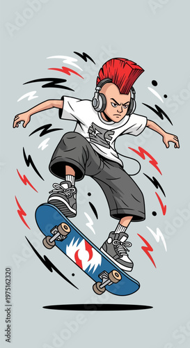 Teenager on skateboard in air.