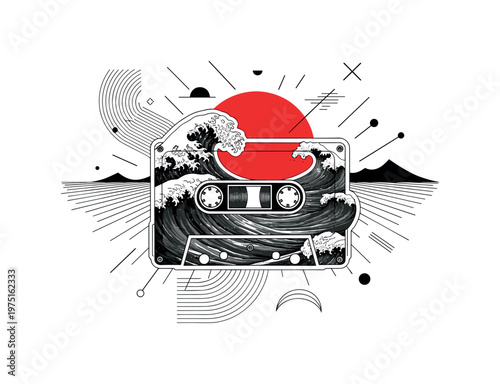black and white cassette tape formed from ocean waves, bold red circle behind like a sun, geometric lines and abstract shapes surrounding, cut-out collage with