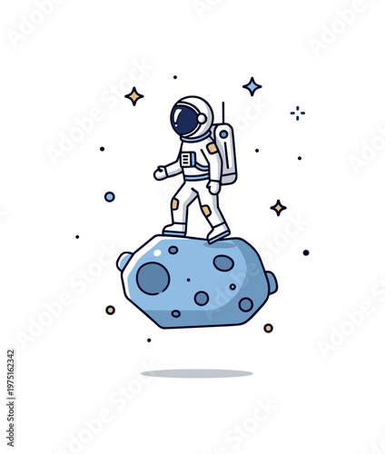 Space walking astronaut a small astronaut standing on a floating asteroid with gentle star sparkles and balanced composition. The scene highlights calm