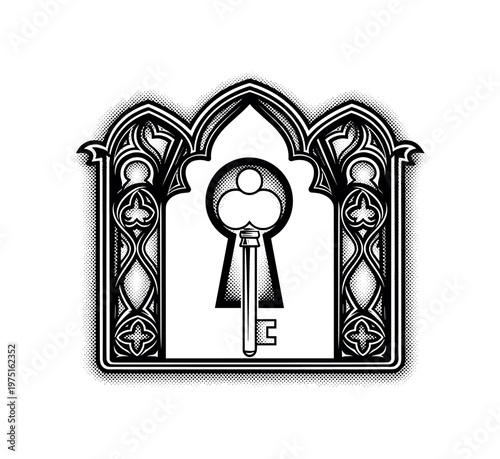 A gothic badge with retro styling and an engraved keyhole icon at its center, isolated in minimal composition, black and white halftone illustration, dense