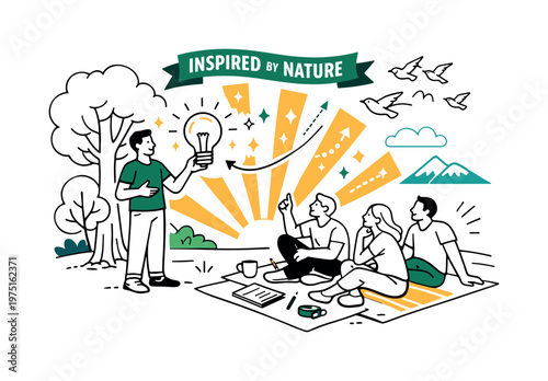 Outdoor Team Inspiration. Outdoor Innovation Moment. A person standing beside a tree presenting a glowing