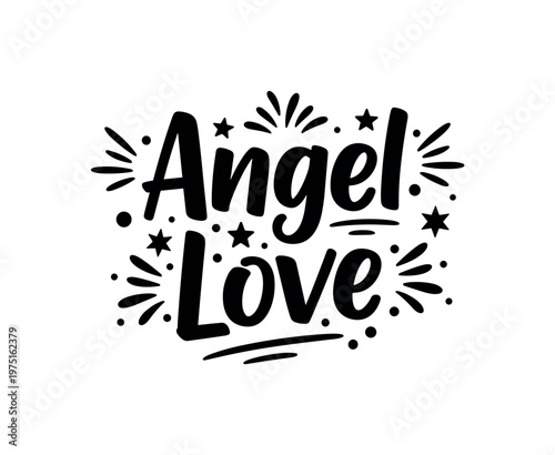 Angel Love. lettering and all elements in black. Vector style. AWhite background. Pure white background. Perfect isolation and visual consistency. Bold