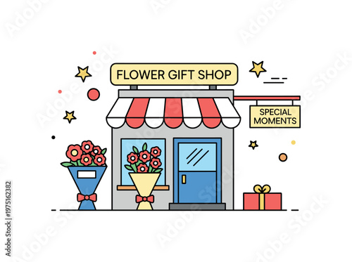 Flower gift shop scene a tiny storefront with bouquets and a subtle sign suggesting gifting and celebration. A cheerful and inviting illustration of flowers