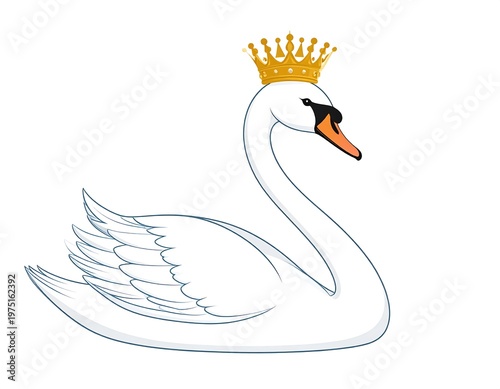 A white swan, adorned with a golden crown, gracefully reclines. The bird features a black beak, orange beak, and soft blue wing details