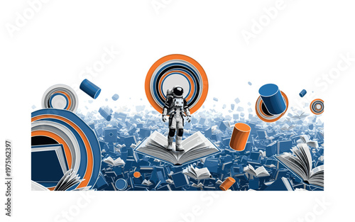 astronaut surreal knowledge landscape with layered circles cylinders and geometric shapes, black and white astronaut walking across endless floating books