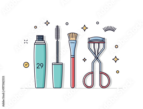 Minimal cosmetic tools composition with a mascara tube, brush, and eyelash curler arranged cleanly conveying order, elegance, and everyday grooming. Minimalist