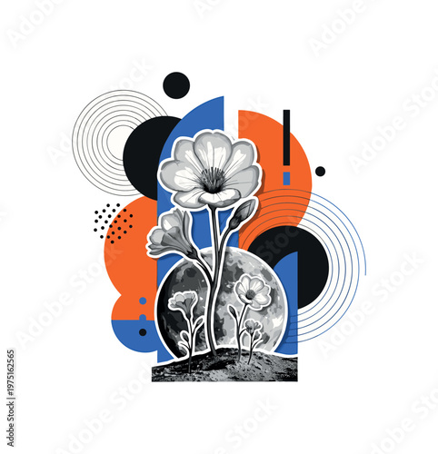 moon flower bloom composition with geometric circles semicircles and abstract blocks, black and white moon surface with flowers growing from lunar soil with