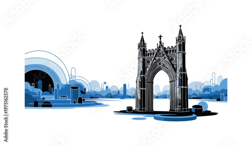 victorian gothic archway landscape with layered circles cylinders and geometric shapes, black and white solitary gothic archway standing in atmospheric
