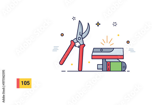 Pruning shear sharpening scene featuring a simple tool, sharpening block, and small spark elements suggesting efficiency, care, and preparation for garden