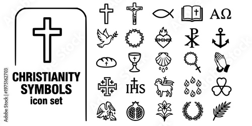 Christianity Symbols Faith Bold Line Icons-Cross Ichthys Bible Alpha Omega Sacred Heart Chi-Rho Anchor Chalice Rosary Agnus Dei-25 Christianity Icon Set Vector