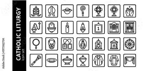 Catholic Church Liturgy Bold Line Icons-Papal Tiara Mitre Crozier Monstrance Thurible Rosary Scapular Tabernacle Vestment-25 Catholic Liturgy Icon Set Vector