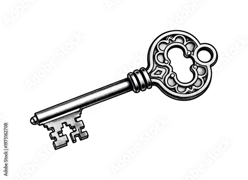 A ceremonial Victorian key with a bordered frame integrated into its ornate head design, shown alone with subtle cropping, black and white halftone
