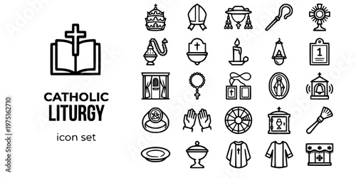 Catholic Church Liturgy Bold Line Icons-Papal Tiara Mitre Crozier Monstrance Thurible Rosary Scapular Tabernacle Vestment-25 Catholic Liturgy Icon Set Vector