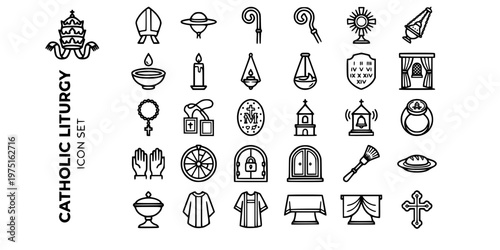 Catholic Church Liturgy Bold Line Icons-Papal Tiara Mitre Crozier Monstrance Thurible Rosary Scapular Tabernacle Vestment-25 Catholic Liturgy Icon Set Vector