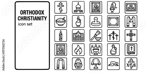 Eastern Orthodox Christianity Bold Line Icons-Orthodox Cross Byzantine Iconostasis Epitaphios Chrismation Prosforon Paschal Theotokos-25 Orthodox Icon Set Vector