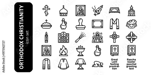 Eastern Orthodox Christianity Bold Line Icons-Orthodox Cross Byzantine Iconostasis Epitaphios Chrismation Prosforon Paschal Theotokos-25 Orthodox Icon Set Vector