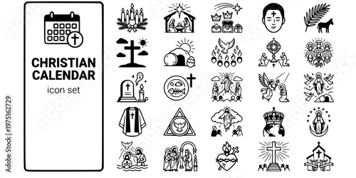 Christian Calendar Feasts Bold Line Icons-Advent Christmas Easter Pentecost Lent Epiphany Ascension All Saints Corpus Christi-25 Christian Calendar Icon Set Vector