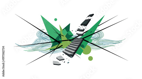 fragmented stairs hovering over abstract sea forms, green geometric shapes and sharp lines slicing through composition, flat colors and strong contrast,
