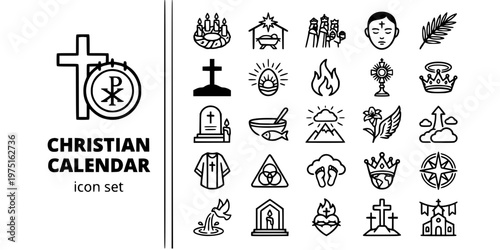 Christian Calendar Feasts Bold Line Icons-Advent Christmas Easter Pentecost Lent Epiphany Ascension All Saints Corpus Christi-25 Christian Calendar Icon Set Vector