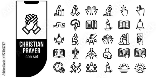 Christian Prayer Devotion Bold Line Icons-Kneeling Folded Hands Lectio Divina Novena Chaplet Contemplative Intercession Examen Breviary-25 Prayer Icons Icon Set Vector