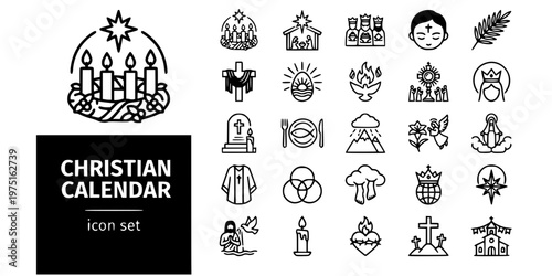 Christian Calendar Feasts Bold Line Icons-Advent Christmas Easter Pentecost Lent Epiphany Ascension All Saints Corpus Christi-25 Christian Calendar Icon Set Vector