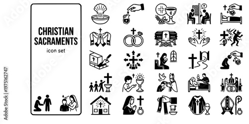 Christian Sacraments Rites Bold Line Icons-Baptism Confirmation Eucharist Reconciliation Anointing Orders Matrimony RCIA Viaticum-25 Sacraments Icon Set Vector