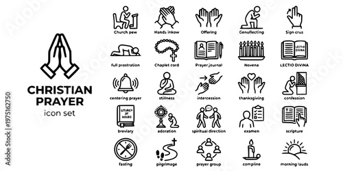 Christian Prayer Devotion Bold Line Icons-Kneeling Folded Hands Lectio Divina Novena Chaplet Contemplative Intercession Examen Breviary-25 Prayer Icons Icon Set Vector