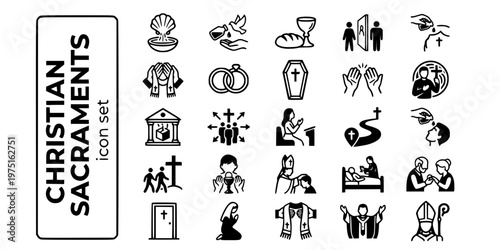 Christian Sacraments Rites Bold Line Icons-Baptism Confirmation Eucharist Reconciliation Anointing Orders Matrimony RCIA Viaticum-25 Sacraments Icon Set Vector