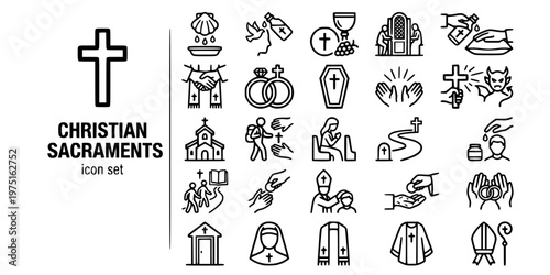 Christian Sacraments Rites Bold Line Icons-Baptism Confirmation Eucharist Reconciliation Anointing Orders Matrimony RCIA Viaticum-25 Sacraments Icon Set Vector