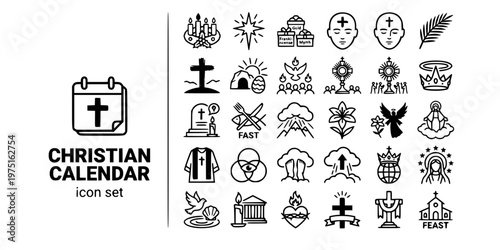 Christian Calendar Feasts Bold Line Icons-Advent Christmas Easter Pentecost Lent Epiphany Ascension All Saints Corpus Christi-25 Christian Calendar Icon Set Vector
