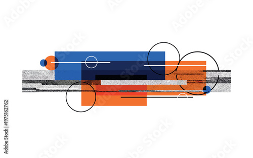 horizontal static noise bands with modern shapes, monochrome grain stripes layered with bold blue and orange rectangles, circular accents and thin lines