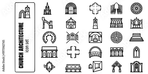 Christian Church Architecture Bold Line Icons-Gothic Romanesque Basilica Nave Rose Window Buttress Baptistery Crypt Labyrinth Chancel-25 Church Architecture Icon Set Vector