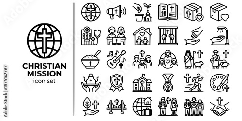 Christian Mission Ministry Bold Line Icons-Missionary Evangelism Church Planting Bible Translation Relief Hospital Prison Chaplaincy-25 Mission Ministry Icon Set Vector
