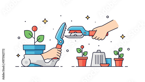 Practical gardening care scene with a tool being sharpened and small plant icons expressing preparation for seasonal work. Minimalist flat vector illustration,