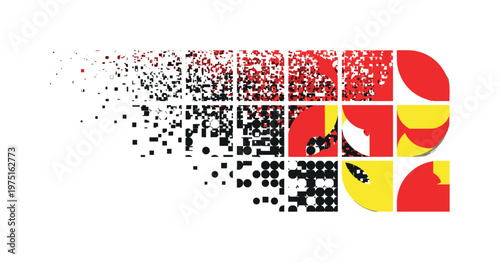 analog distortion transforming into geometric abstraction, black and white noise field morphing into circles and rectangles, structured composition with bold