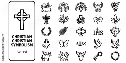 Christian Art Symbolism Bold Line Icons-Agnus Dei Pelican Peacock Phoenix Pomegranate Trefoil Fleur-de-lis Jerusalem Cross IHS-25 Christian Symbols Icon Set Vector
