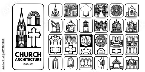 Christian Church Architecture Bold Line Icons-Gothic Romanesque Basilica Nave Rose Window Buttress Baptistery Crypt Labyrinth Chancel-25 Church Architecture Icon Set Vector