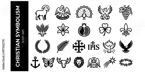Christian Art Symbolism Bold Line Icons-Agnus Dei Pelican Peacock Phoenix Pomegranate Trefoil Fleur-de-lis Jerusalem Cross IHS-25 Christian Symbols Icon Set Vector