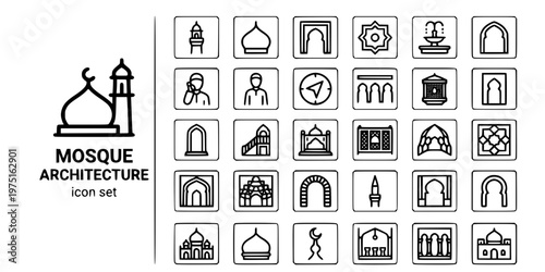 Mosque Islamic Architecture Bold Line Icons-Minaret Dome Iwan Sahn Mihrab Minbar Mashrabiya Muqarnas Riwaq Qibla Ottoman Mughal-25 Mosque Architecture Icon Set Vector