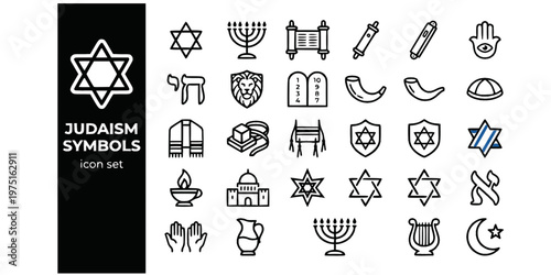 Judaism Symbols Faith Bold Line Icons-Star David Menorah Torah Mezuzah Hamsa Chai Shofar Kippah Tallit Tefillin Tzitzit-25 Judaism Icon Set Vector